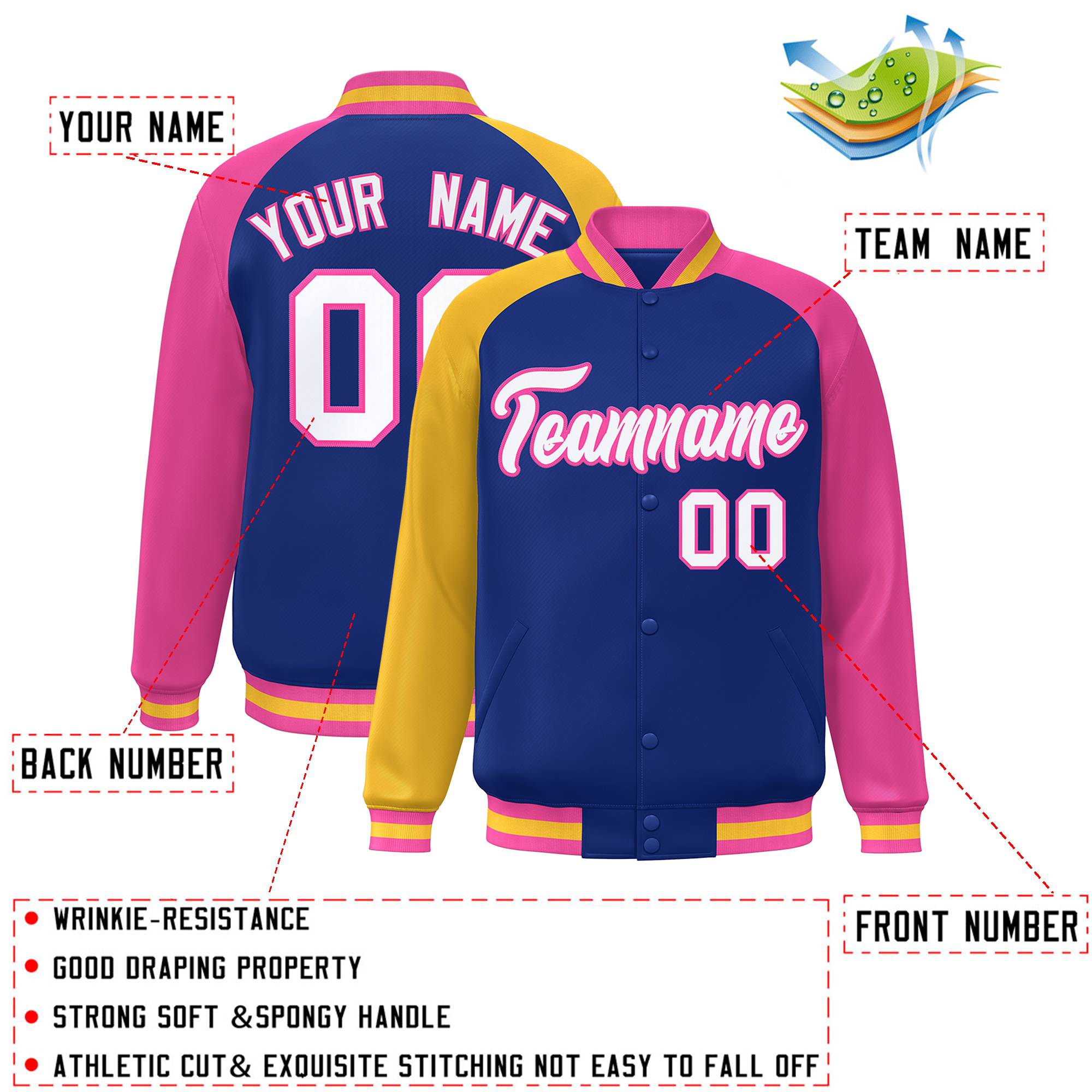 Custom Royal Pink-Gold Varsity Full-Snap Authentic Raglan Sleeves Letterman Bomber Jacket