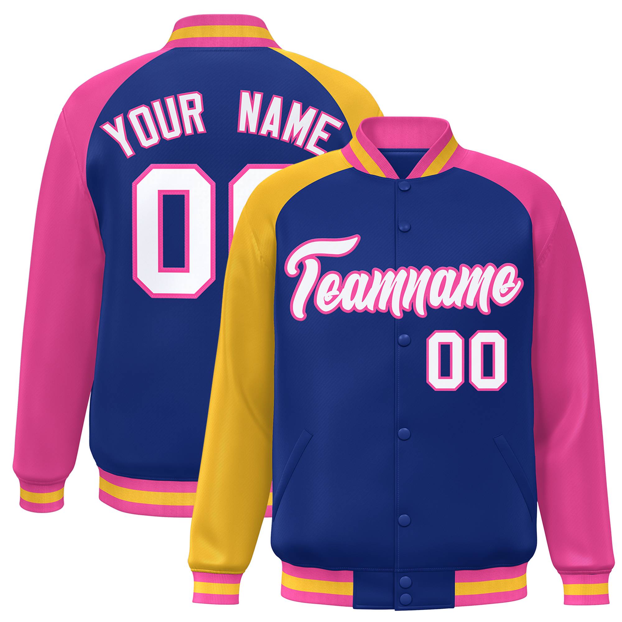 Custom Royal Pink-Gold Varsity Full-Snap Authentic Raglan Sleeves Letterman Bomber Jacket