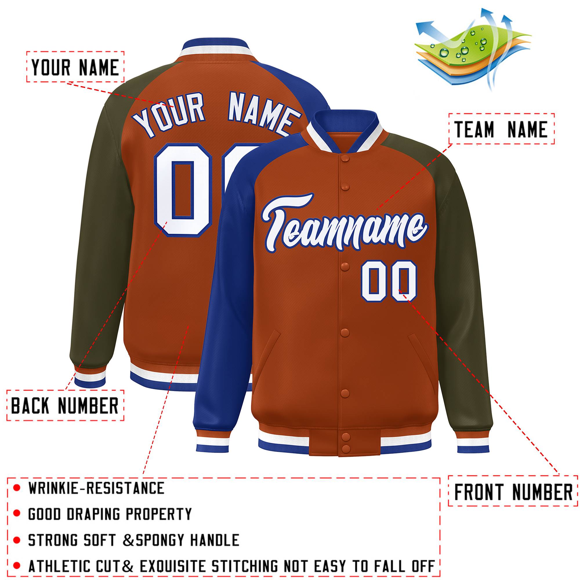 Custom Texas Orange Olive-Royal Varsity Full-Snap Authentic Raglan Sleeves Letterman Bomber Jacket