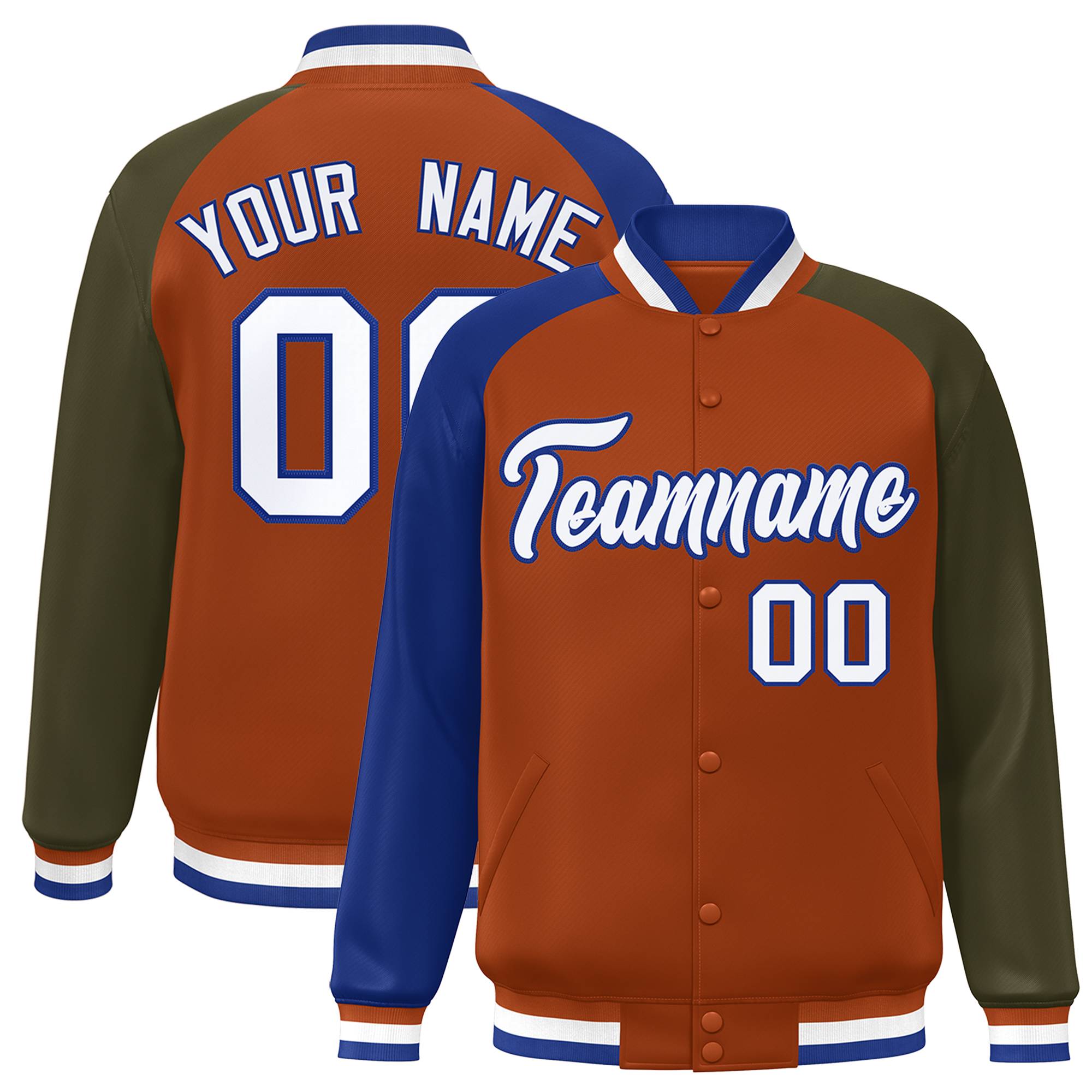 Custom Texas Orange Olive-Royal Varsity Full-Snap Authentic Raglan Sleeves Letterman Bomber Jacket