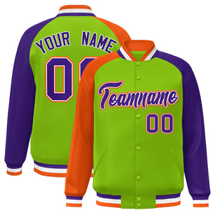 Custom Neon Green Purple-Orange Varsity Full-Snap Authentic Raglan Sleeves Letterman Bomber Jacket