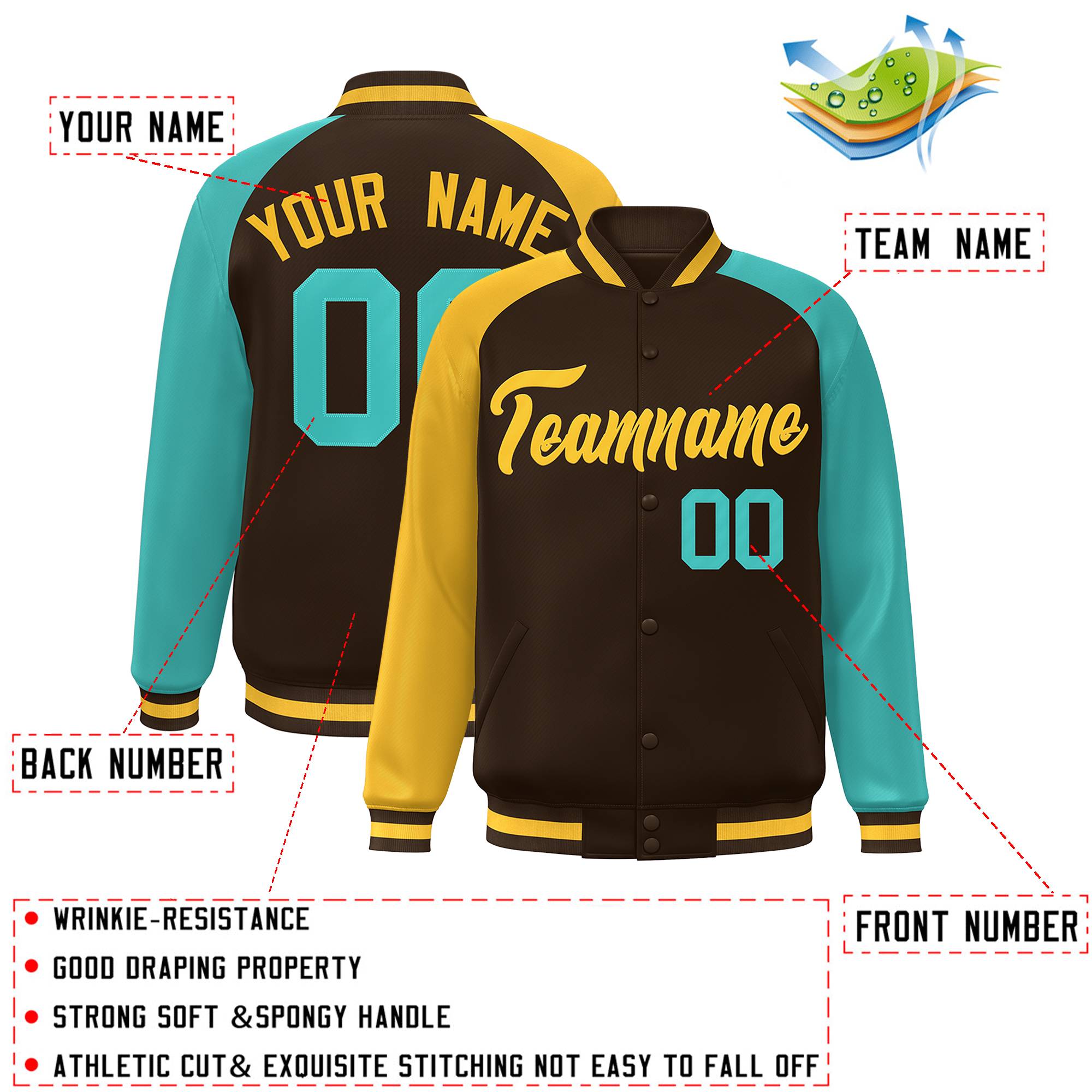 Custom Brown Bright Green-Gold Varsity Full-Snap Authentic Raglan Sleeves Letterman Bomber Jacket