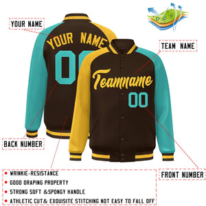 Custom Brown Bright Green-Gold Varsity Full-Snap Authentic Raglan Sleeves Letterman Bomber Jacket