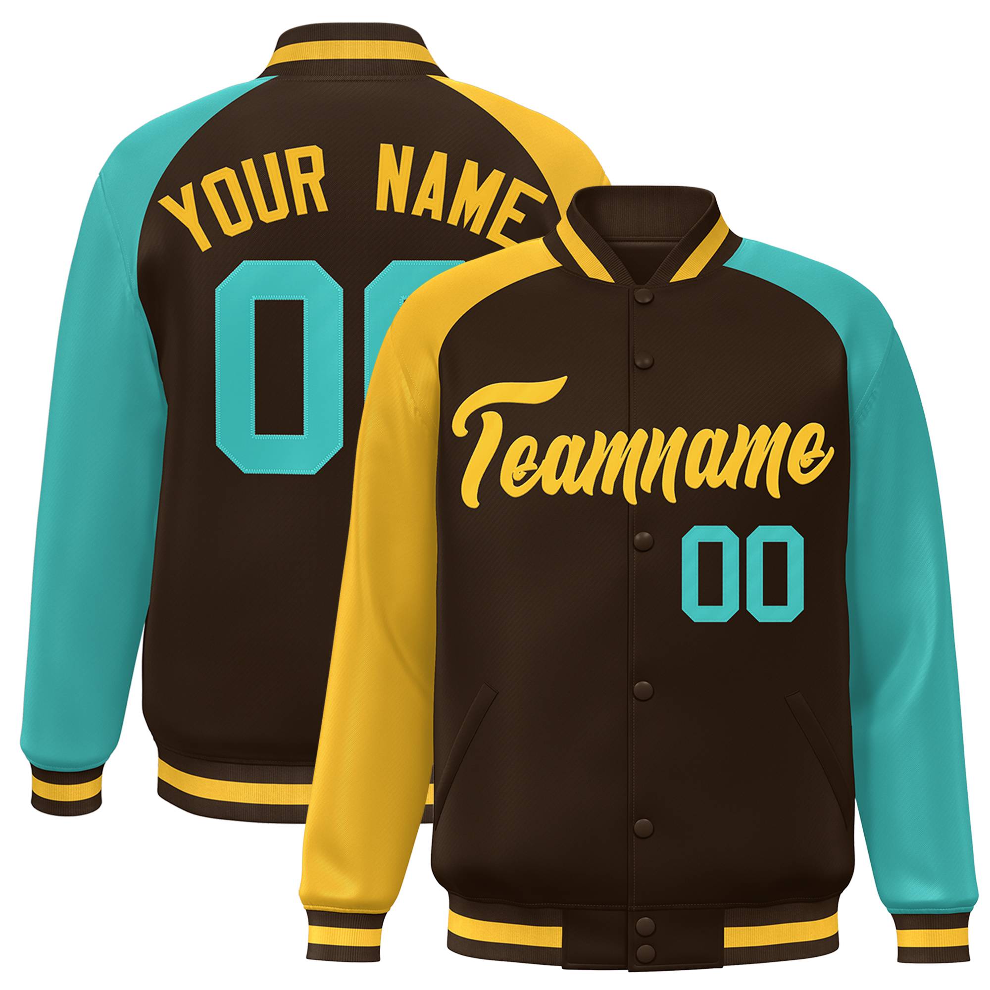 Custom Brown Bright Green-Gold Varsity Full-Snap Authentic Raglan Sleeves Letterman Bomber Jacket