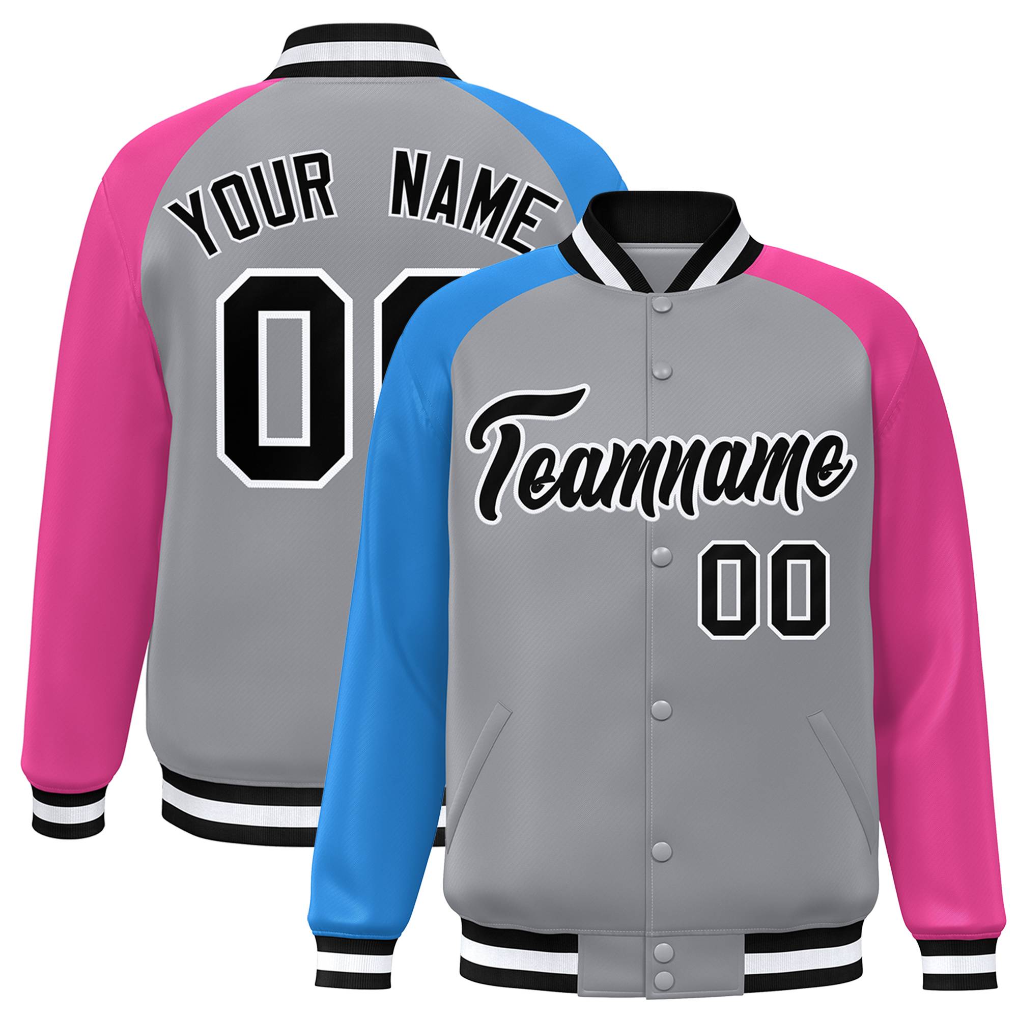 Custom Gray Pink-Powder Blue Varsity Full-Snap Authentic Raglan Sleeves Letterman Bomber Jacket