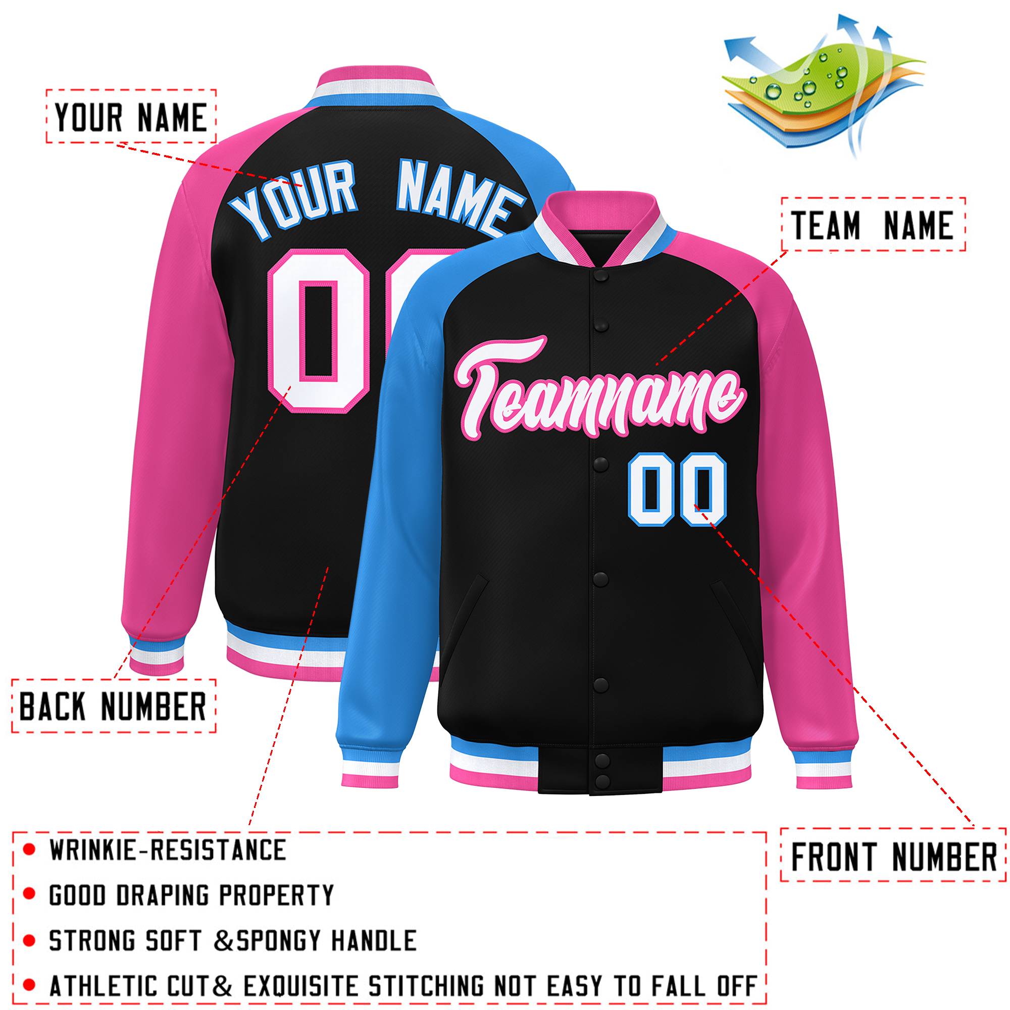 Custom Black Pink-Powder Blue Varsity Full-Snap Authentic Raglan Sleeves Letterman Bomber Jacket