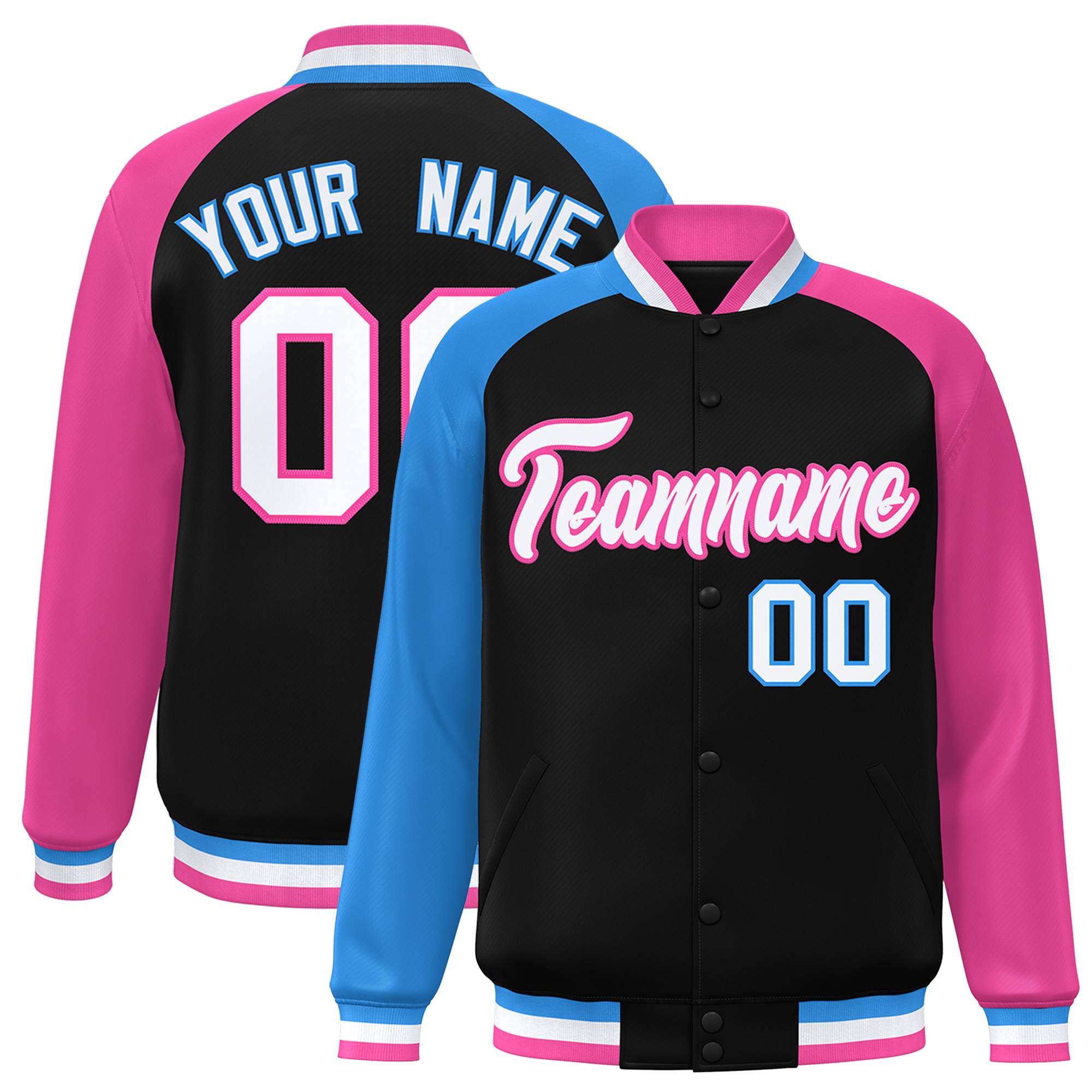 Custom Black Pink-Powder Blue Varsity Full-Snap Authentic Raglan Sleeves Letterman Bomber Jacket