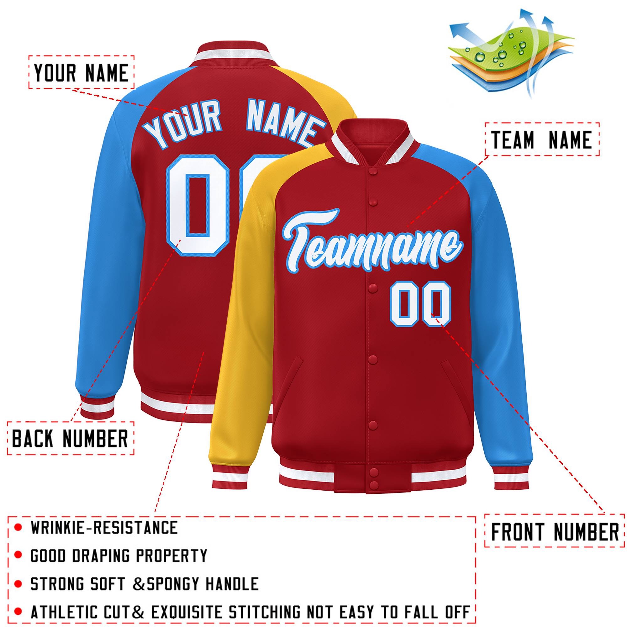 Custom Red Powder Blue-Gold Varsity Full-Snap Authentic Raglan Sleeves Letterman Bomber Jacket