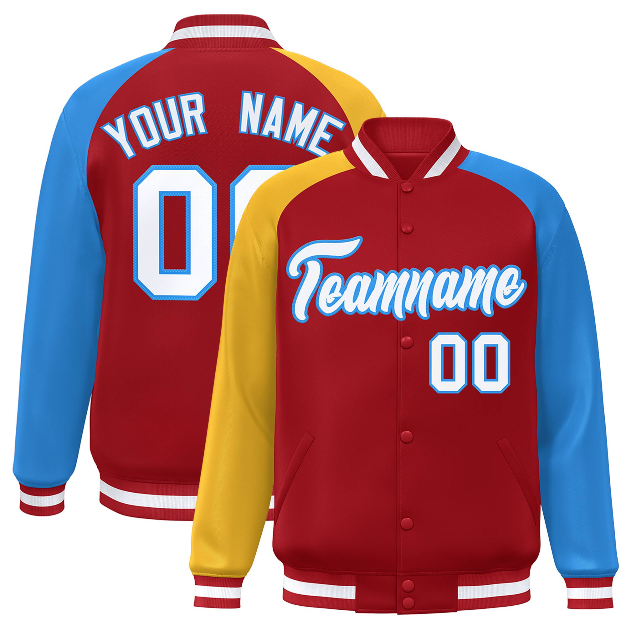 Custom Red Powder Blue-Gold Varsity Full-Snap Authentic Raglan Sleeves Letterman Bomber Jacket