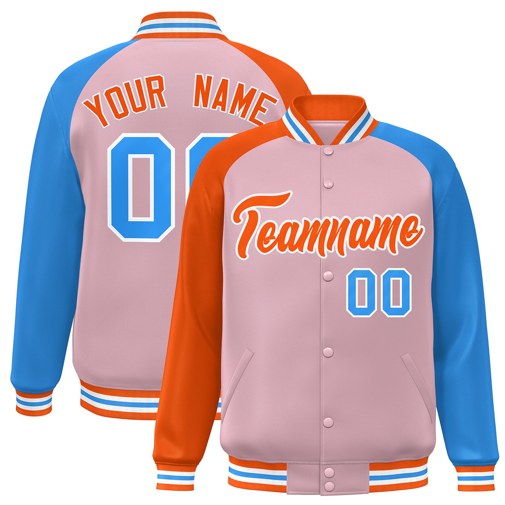 Custom Light Pink Powder Blue-Orange Varsity Full-Snap Authentic Raglan Sleeves Letterman Bomber Jacket