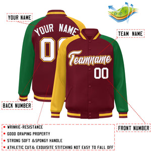 Custom Crimson Kelly Green-Gold Varsity Full-Snap Authentic Raglan Sleeves Letterman Bomber Jacket