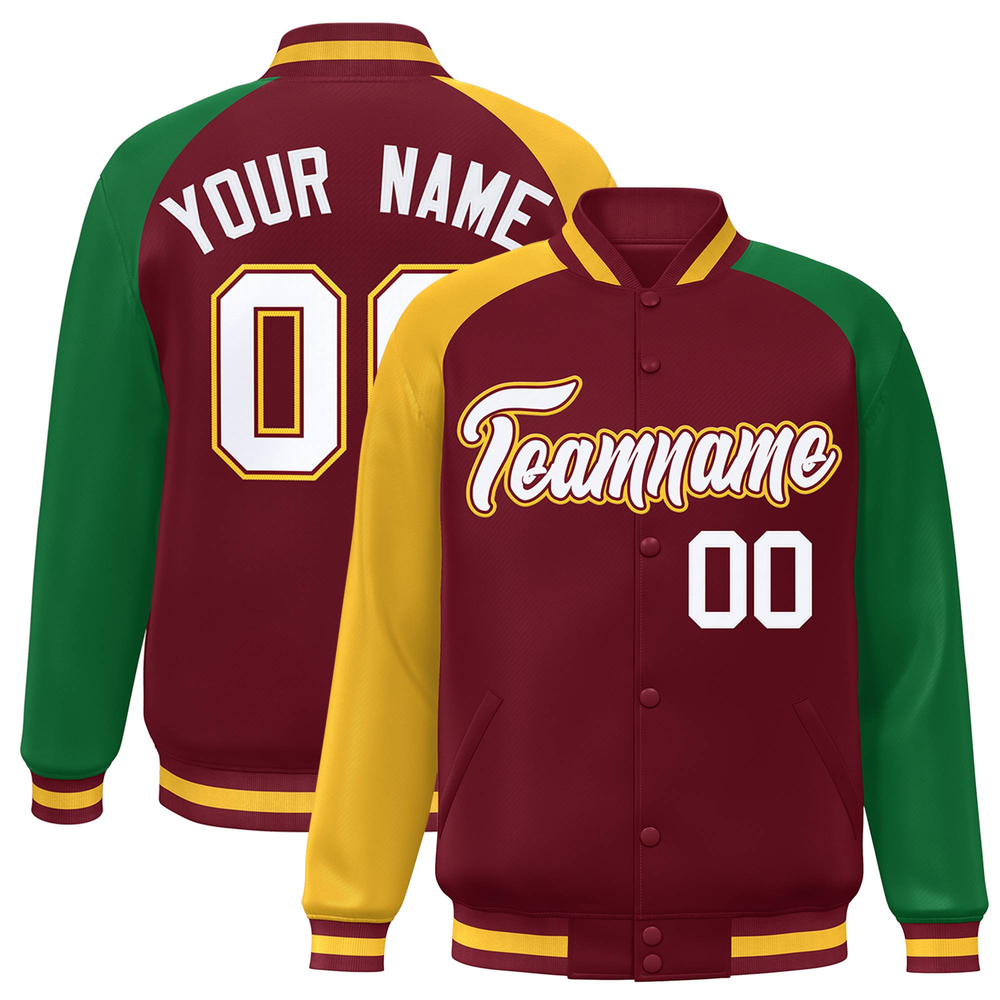 Custom Crimson Kelly Green-Gold Varsity Full-Snap Authentic Raglan Sleeves Letterman Bomber Jacket