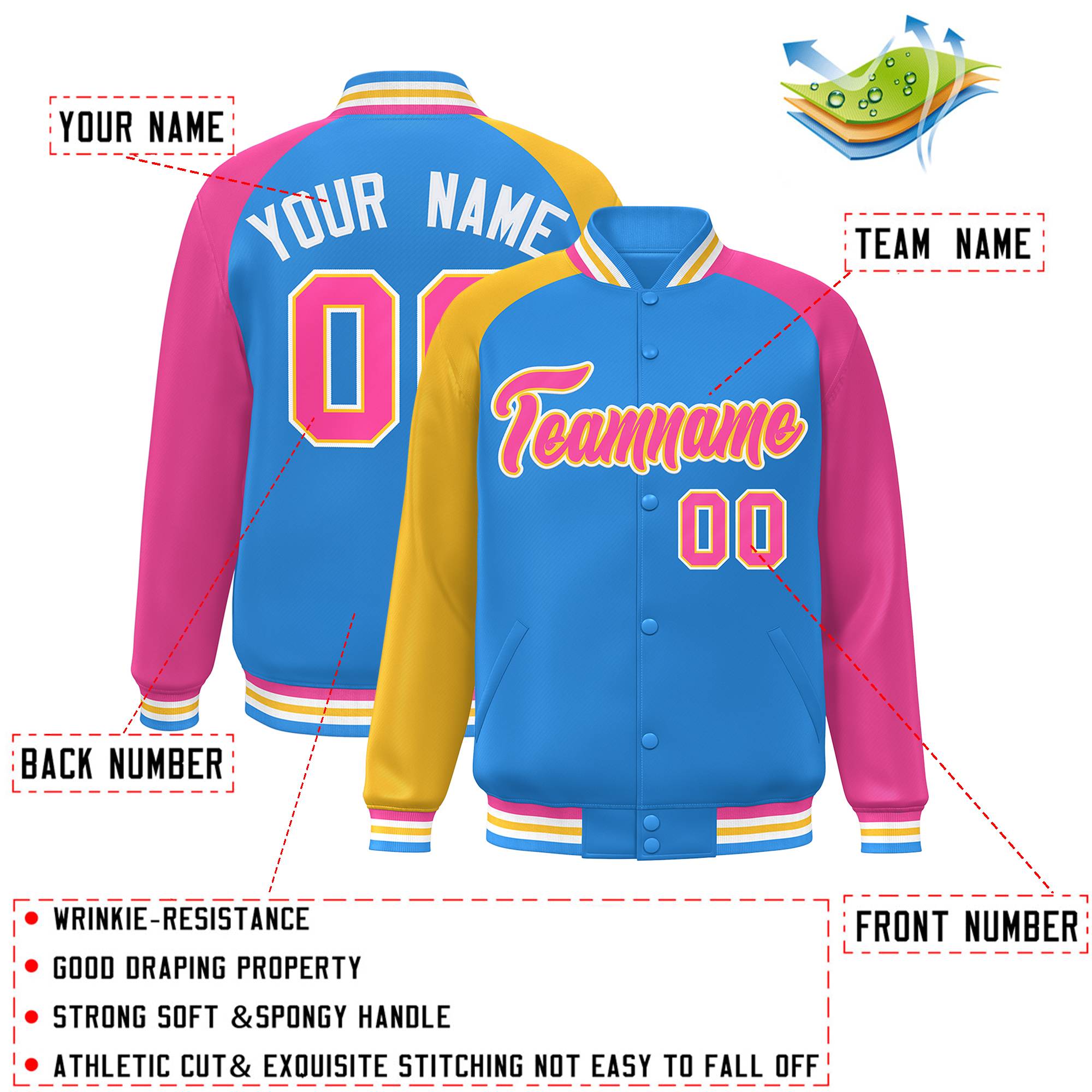 Custom Powder Blue Pink-Gold Varsity Full-Snap Authentic Raglan Sleeves Letterman Bomber Jacket