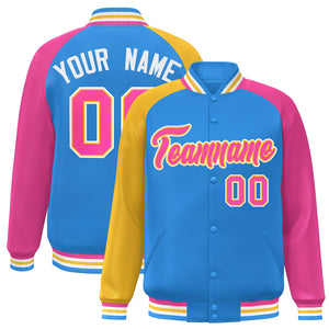 Custom Powder Blue Pink-Gold Varsity Full-Snap Authentic Raglan Sleeves Letterman Bomber Jacket