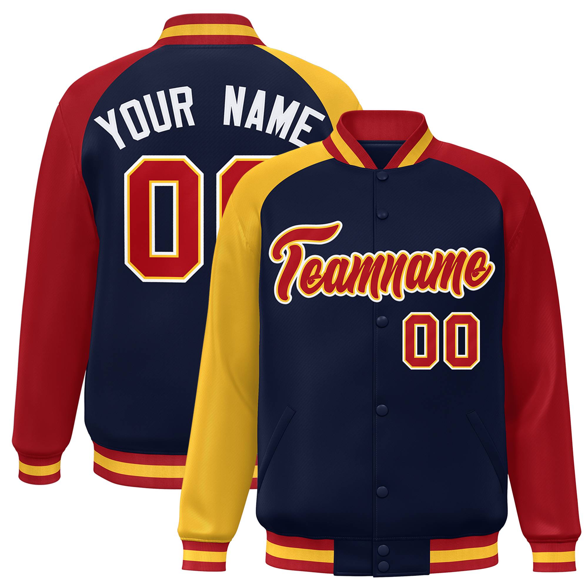 Custom Navy Red-Gold Varsity Full-Snap Authentic Raglan Sleeves Letterman Bomber Jacket