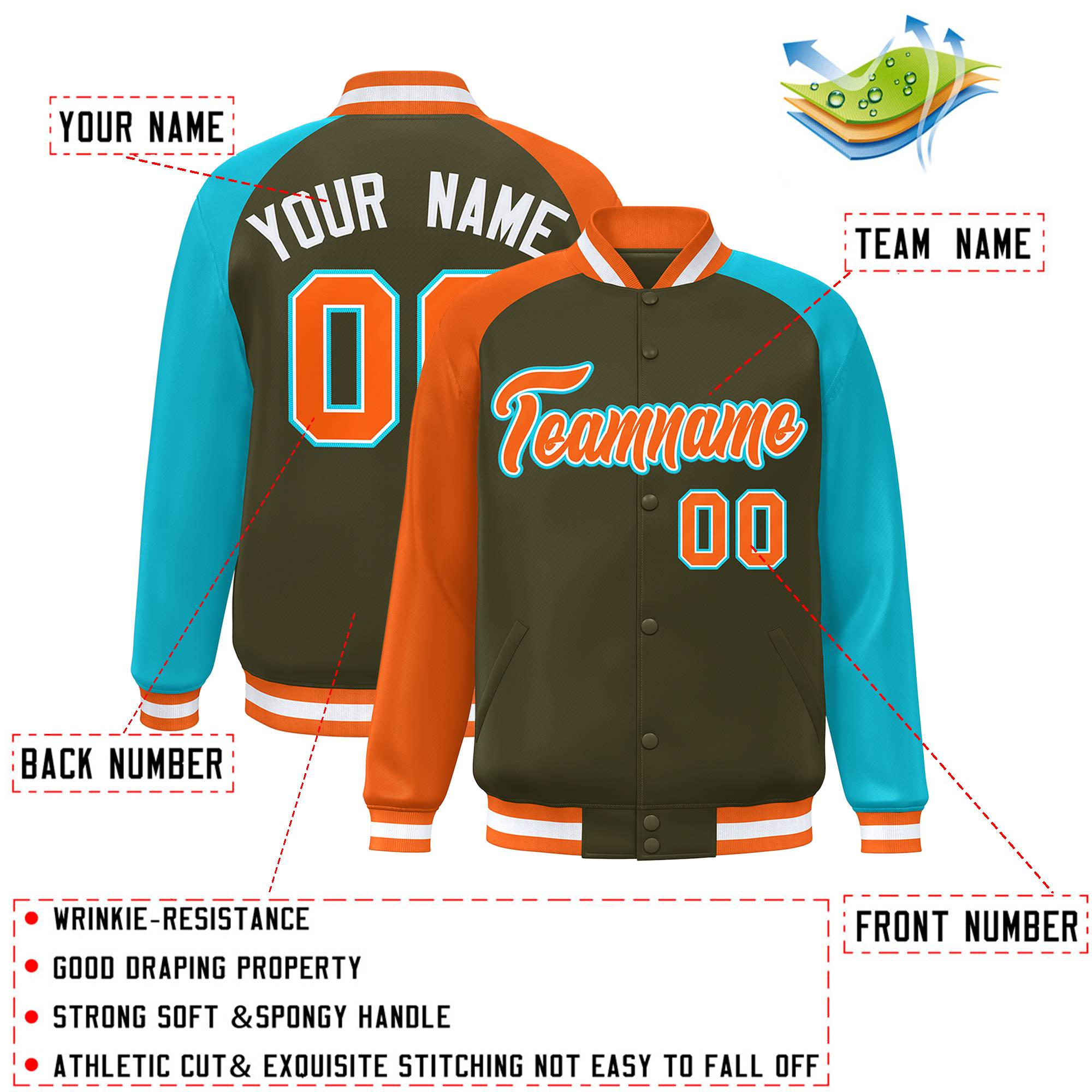 Custom Olive Sky Blue-Orange Varsity Full-Snap Authentic Raglan Sleeves Letterman Bomber Jacket