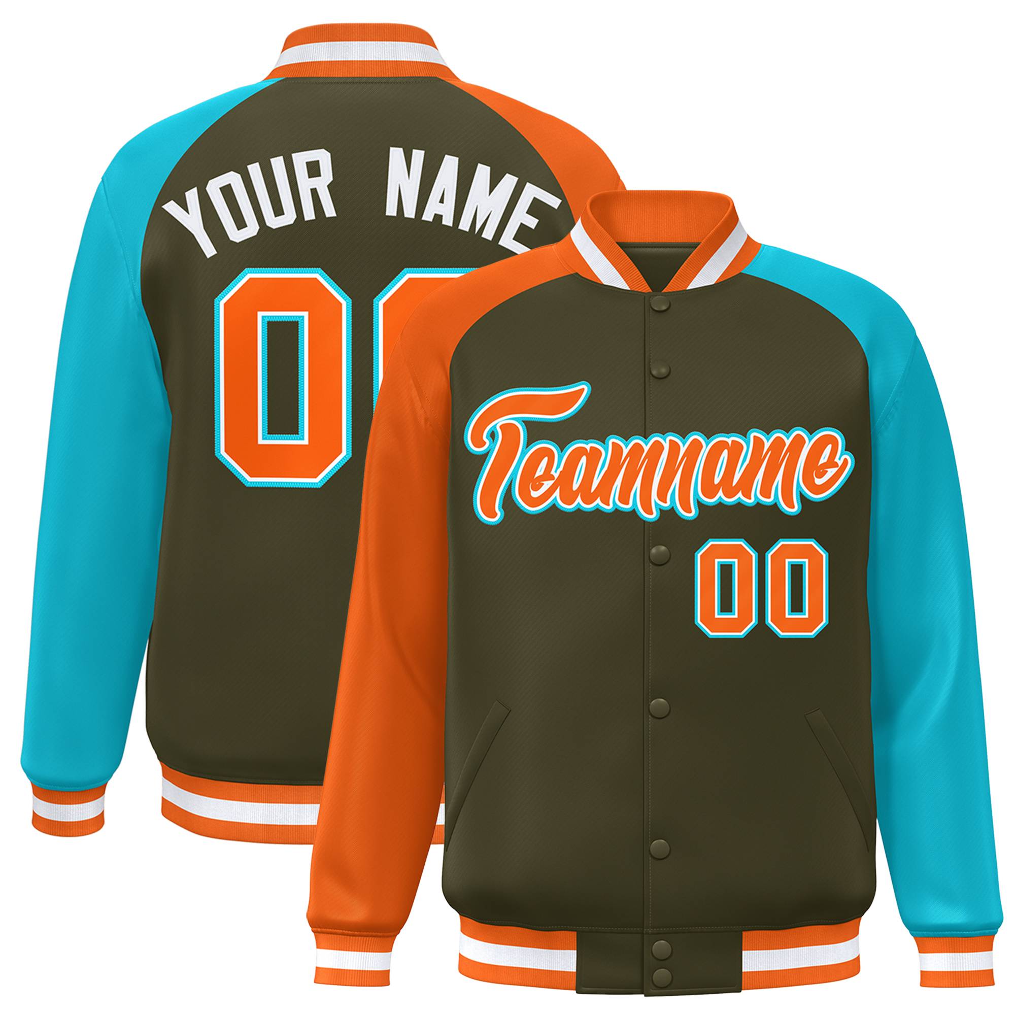 Custom Olive Sky Blue-Orange Varsity Full-Snap Authentic Raglan Sleeves Letterman Bomber Jacket