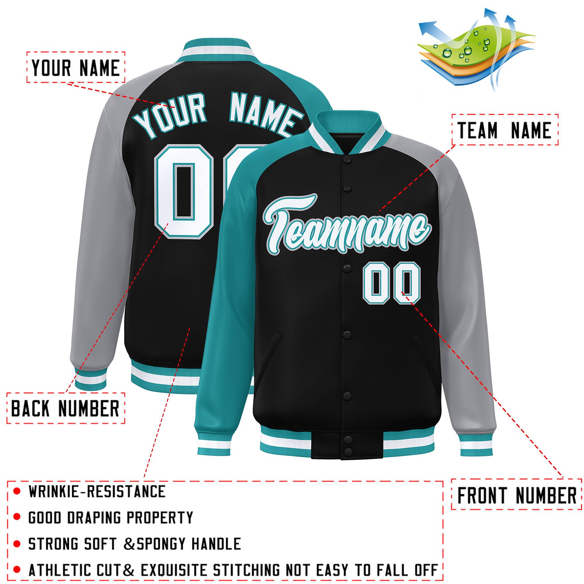 Custom Black Gray-Aqua Varsity Full-Snap Authentic Raglan Sleeves Letterman Bomber Jacket