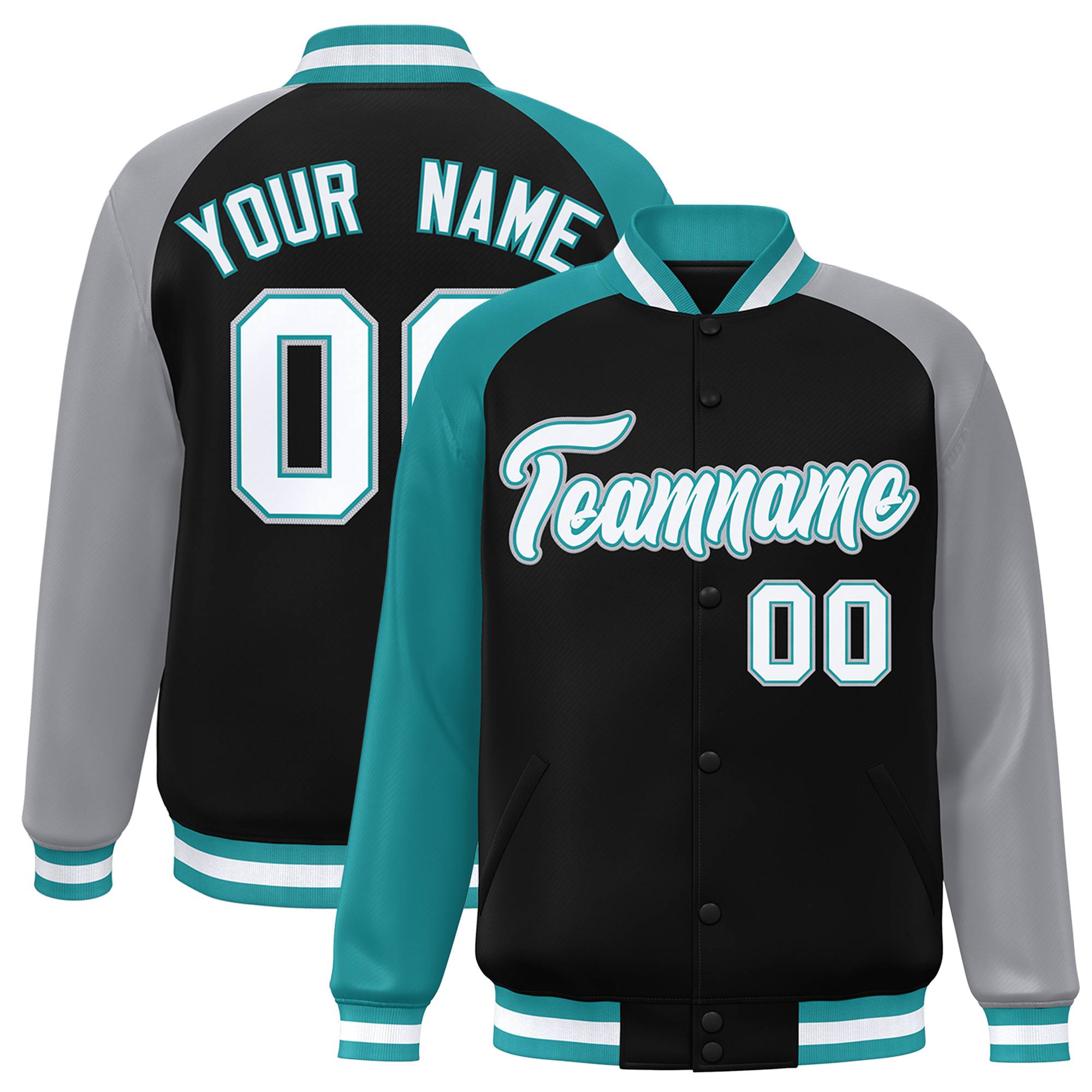 Custom Black Gray-Aqua Varsity Full-Snap Authentic Raglan Sleeves Letterman Bomber Jacket