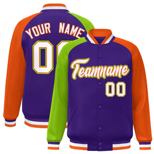 Custom Purple Orange-Neon Green Varsity Full-Snap Authentic Raglan Sleeves Letterman Bomber Jacket