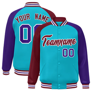 Custom Sky Blue Purple-Crimson Varsity Full-Snap Authentic Raglan Sleeves Letterman Bomber Jacket