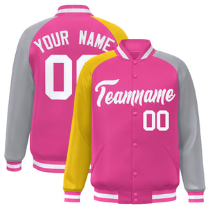 Custom Pink Gray-Gold Varsity Full-Snap Authentic Raglan Sleeves Letterman Bomber Jacket