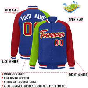 Custom Royal Red-Neon Green Varsity Full-Snap Authentic Raglan Sleeves Letterman Bomber Jacket