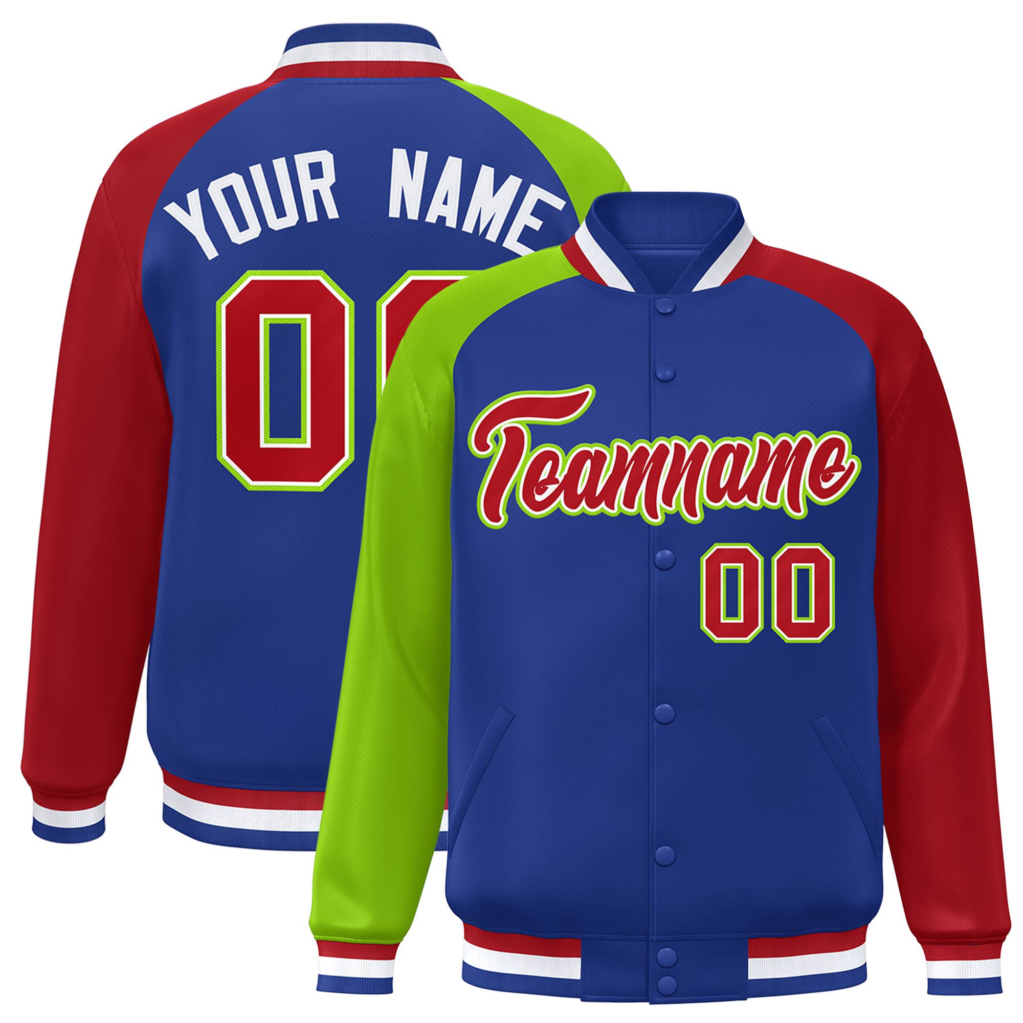 Custom Royal Red-Neon Green Varsity Full-Snap Authentic Raglan Sleeves Letterman Bomber Jacket