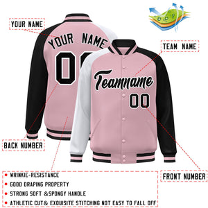 Custom Light Pink Black-White Varsity Full-Snap Authentic Raglan Sleeves Letterman Bomber Jacket