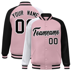 Custom Light Pink Black-White Varsity Full-Snap Authentic Raglan Sleeves Letterman Bomber Jacket