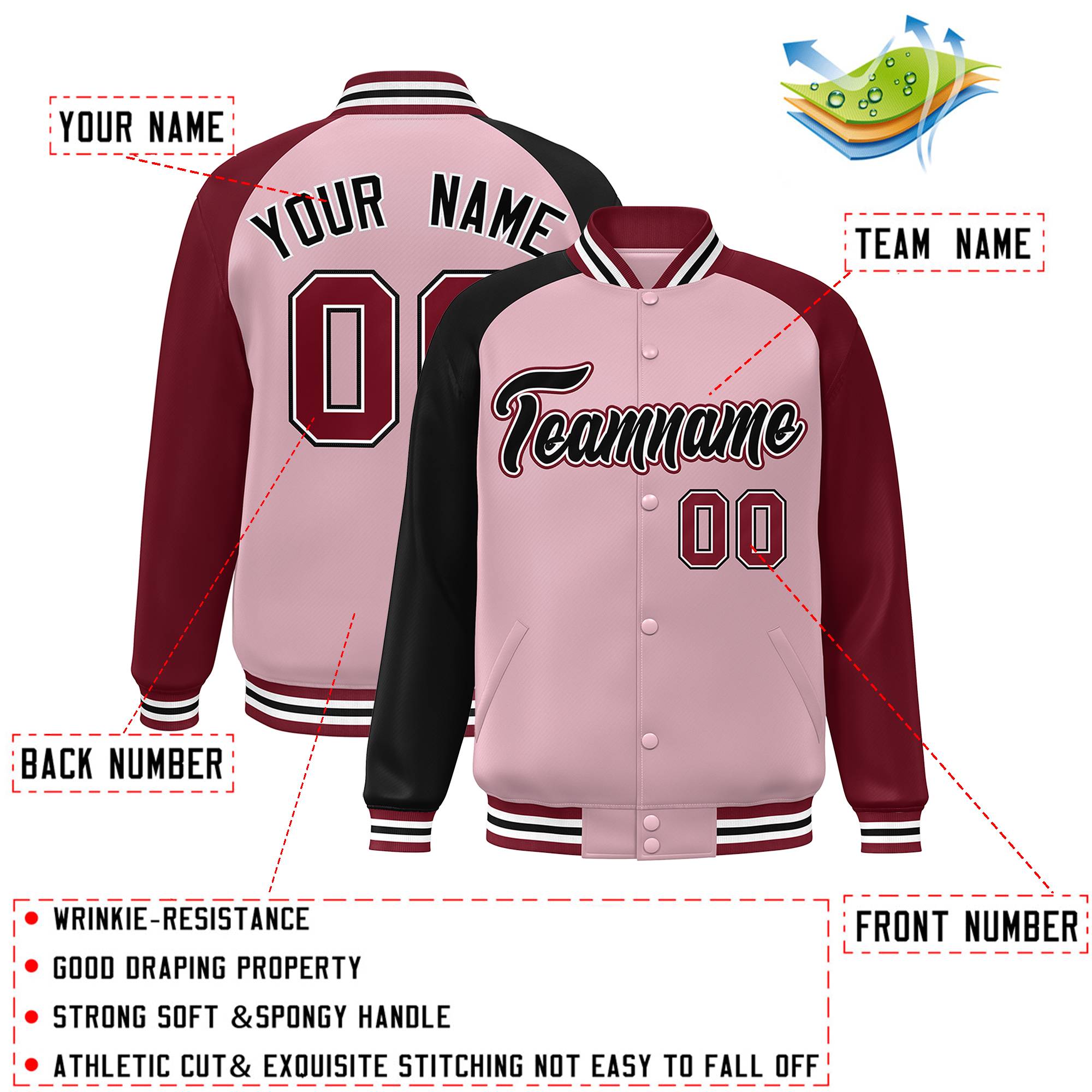 Custom Light Pink Crimson-Black Varsity Full-Snap Authentic Raglan Sleeves Letterman Bomber Jacket