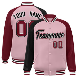 Custom Light Pink Crimson-Black Varsity Full-Snap Authentic Raglan Sleeves Letterman Bomber Jacket