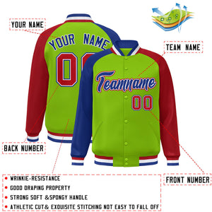 Custom Neon Green Red-Royal Varsity Full-Snap Authentic Raglan Sleeves Letterman Bomber Jacket