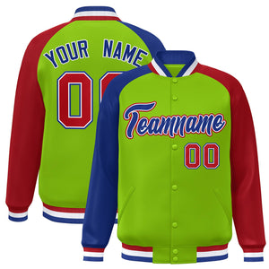 Custom Neon Green Red-Royal Varsity Full-Snap Authentic Raglan Sleeves Letterman Bomber Jacket