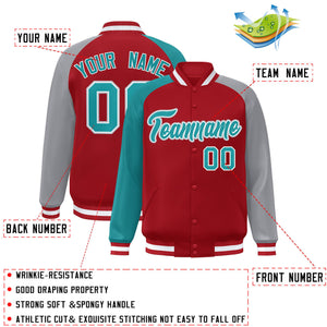 Custom Red Gray-Aqua Varsity Full-Snap Authentic Raglan Sleeves Letterman Bomber Jacket