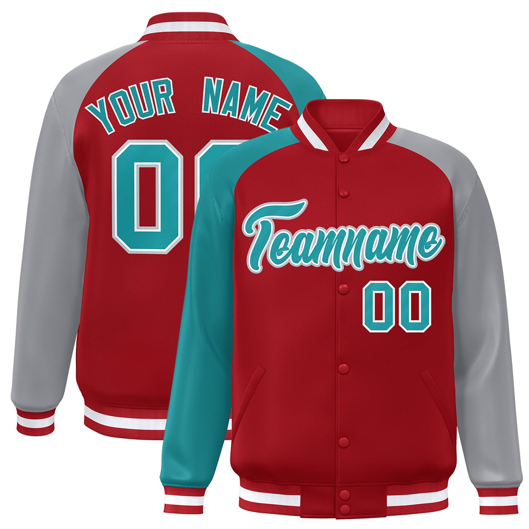 Custom Red Gray-Aqua Varsity Full-Snap Authentic Raglan Sleeves Letterman Bomber Jacket