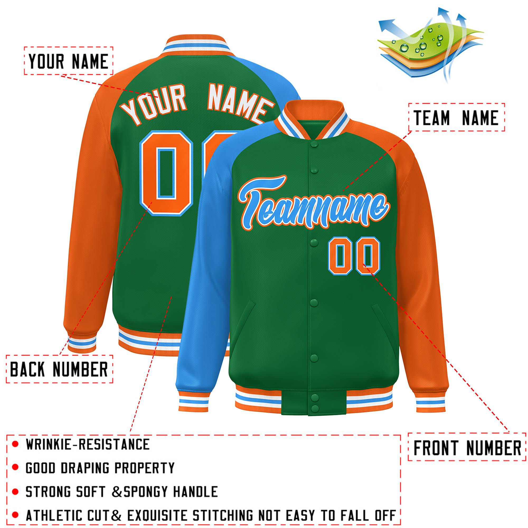 Custom Kelly Green Orange-Powder Blue Varsity Full-Snap Authentic Raglan Sleeves Letterman Bomber Jacket