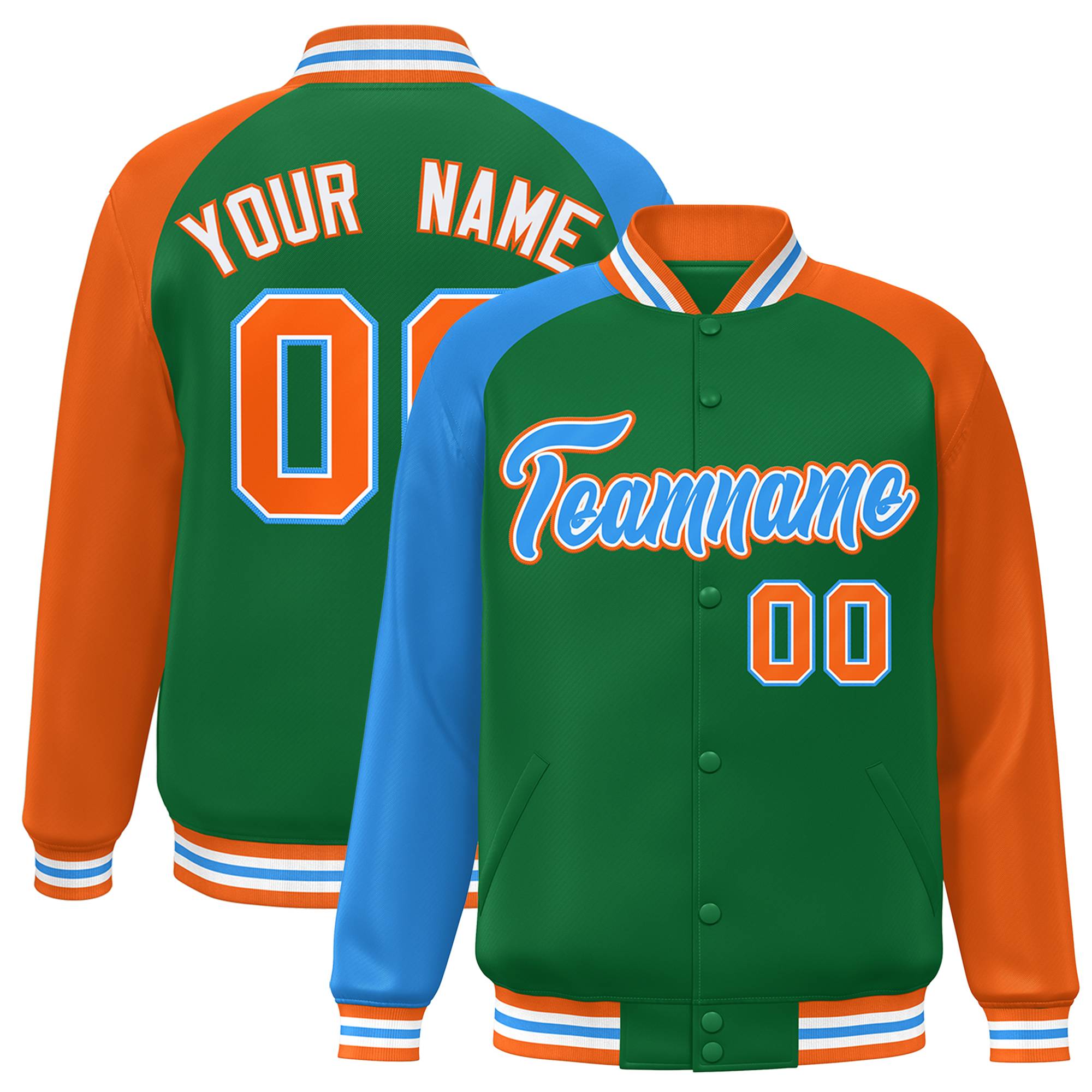 Custom Kelly Green Orange-Powder Blue Varsity Full-Snap Authentic Raglan Sleeves Letterman Bomber Jacket