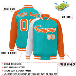 Custom Aqua Orange-White Varsity Full-Snap Authentic Raglan Sleeves Letterman Bomber Jacket