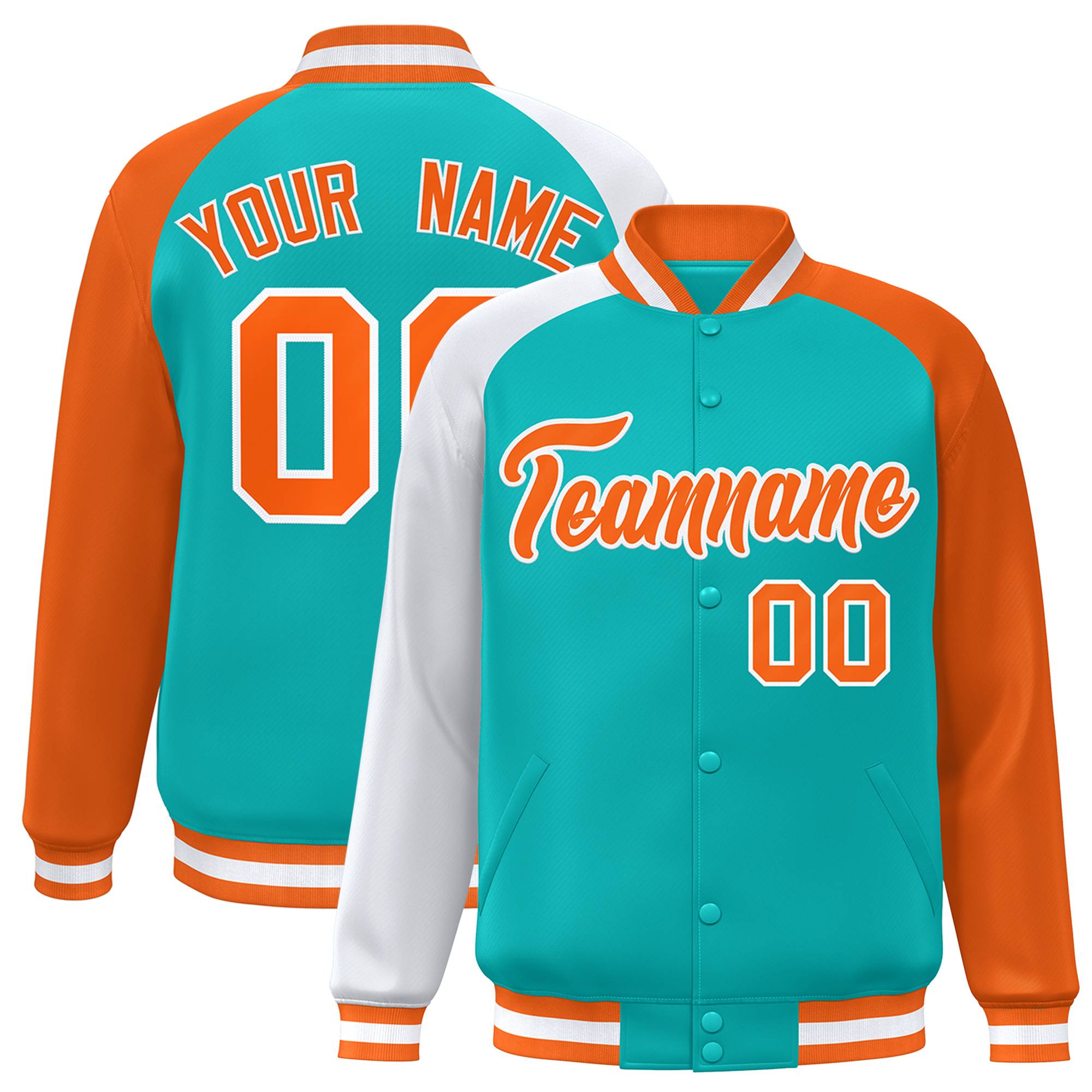 Custom Aqua Orange-White Varsity Full-Snap Authentic Raglan Sleeves Letterman Bomber Jacket