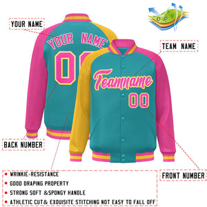 Custom Aqua Pink-Gold Varsity Full-Snap Authentic Raglan Sleeves Letterman Bomber Jacket