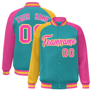 Custom Aqua Pink-Gold Varsity Full-Snap Authentic Raglan Sleeves Letterman Bomber Jacket