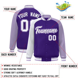 Custom Purple Light Purple-White Varsity Full-Snap Authentic Raglan Sleeves Letterman Bomber Jacket