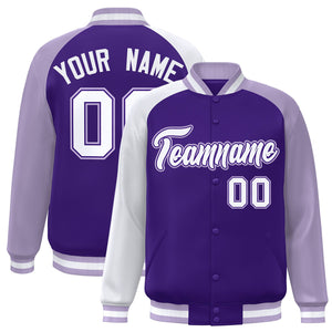 Custom Purple Light Purple-White Varsity Full-Snap Authentic Raglan Sleeves Letterman Bomber Jacket