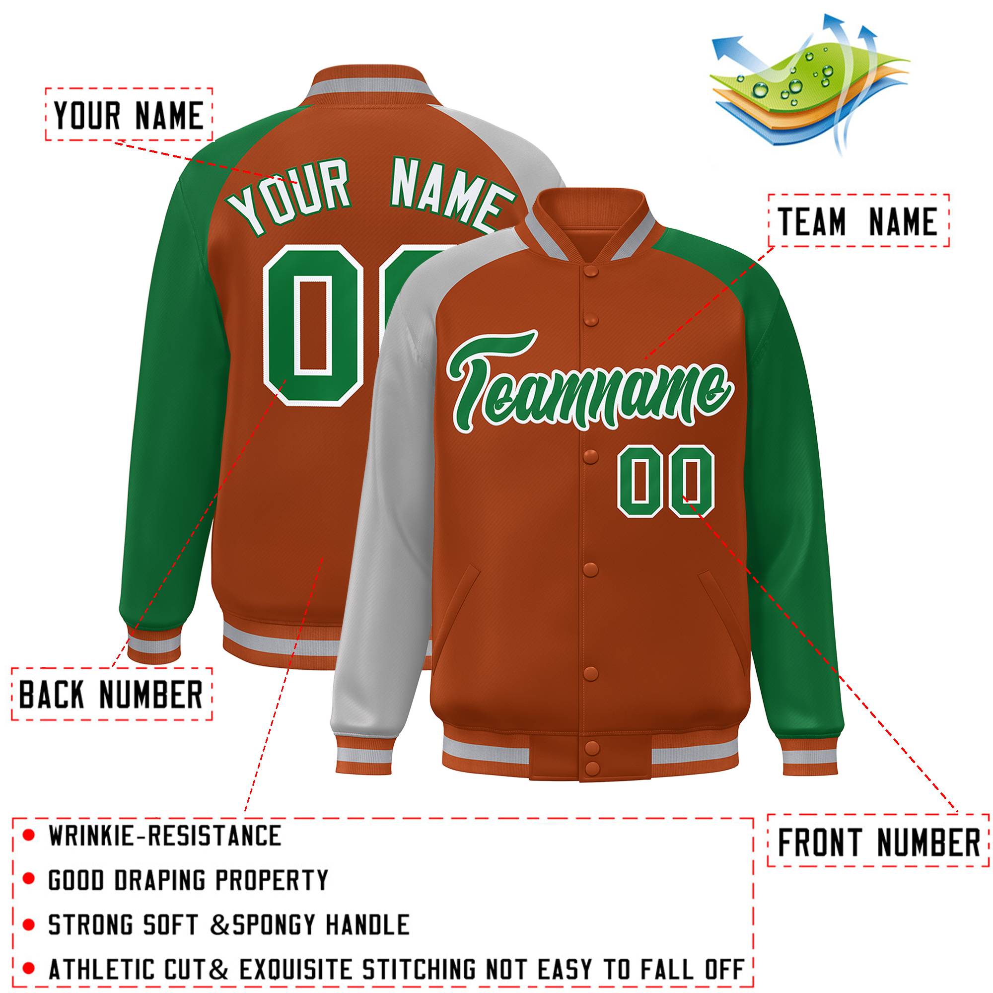 Custom Texas Orange Kelly Green-Gray Varsity Full-Snap Authentic Raglan Sleeves Letterman Bomber Jacket