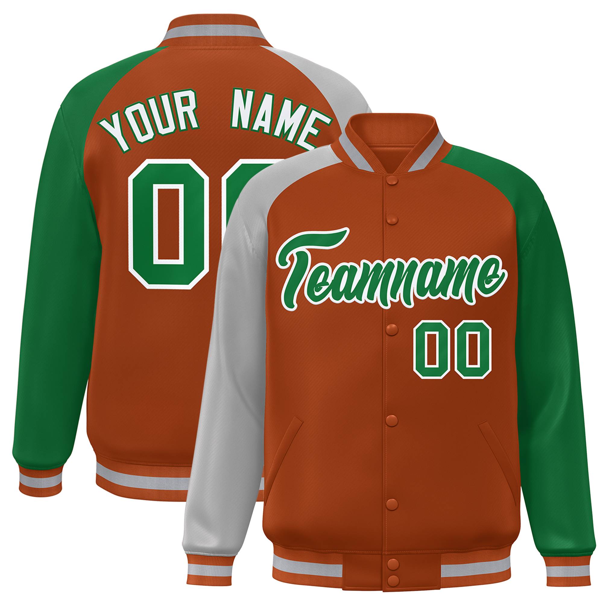 Custom Texas Orange Kelly Green-Gray Varsity Full-Snap Authentic Raglan Sleeves Letterman Bomber Jacket