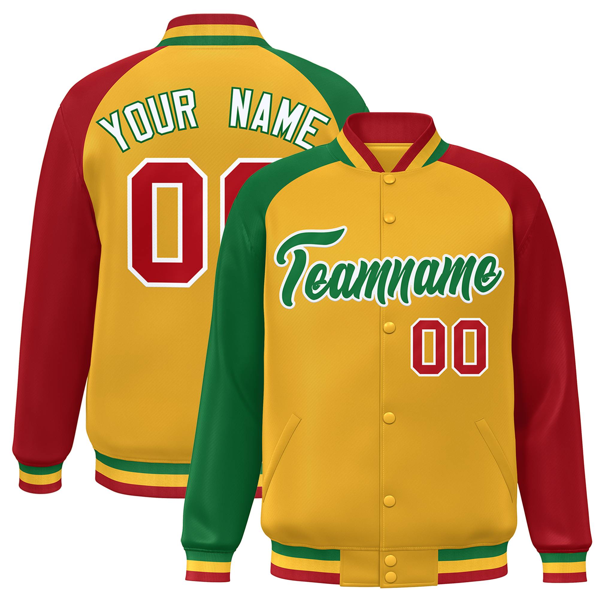 Custom Gold Red-Gold Varsity Full-Snap Authentic Raglan Sleeves Letterman Bomber Jacket