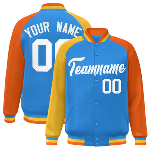 Custom Powder Blue Orange-Gold Varsity Full-Snap Authentic Raglan Sleeves Letterman Bomber Jacket