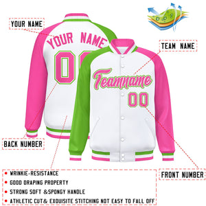 Custom White Pink-Green Varsity Full-Snap Authentic Raglan Sleeves Letterman Bomber Jacket