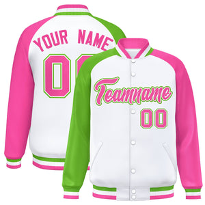 Custom White Pink-Green Varsity Full-Snap Authentic Raglan Sleeves Letterman Bomber Jacket